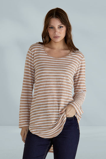 Betty Basics Megan Long Sleeve Top Beige Stripe From BoxHill