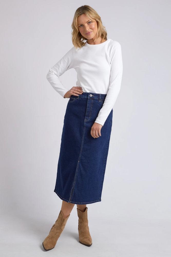 Elm Eloise Denim Midi Skirt Dark Blue Wash From BoxHill