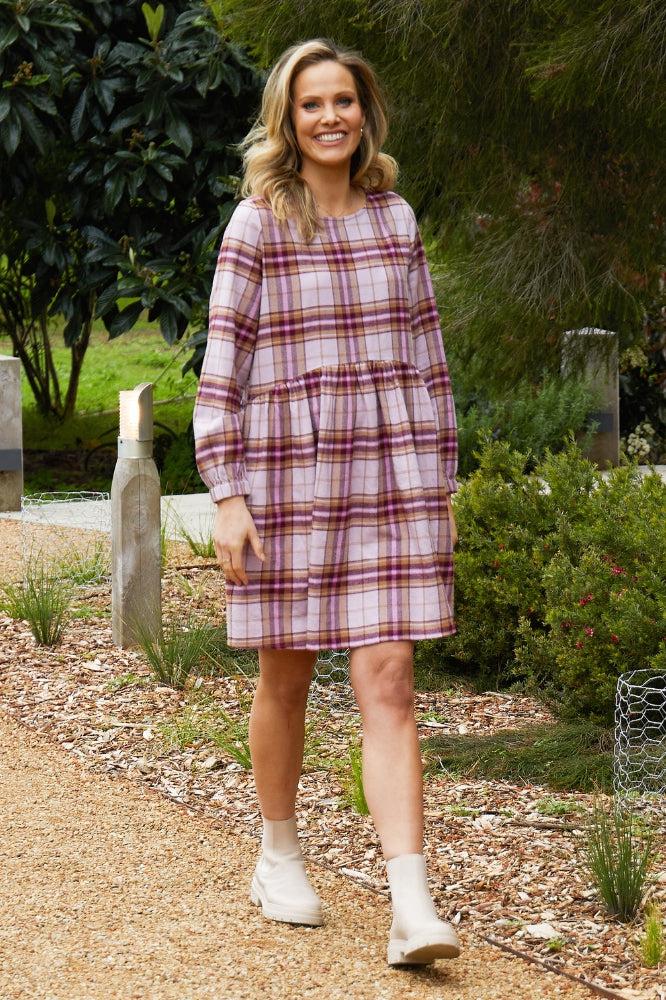 Elm Harriet Check Dress Heather Wine Butterscotch Check – BoxHill