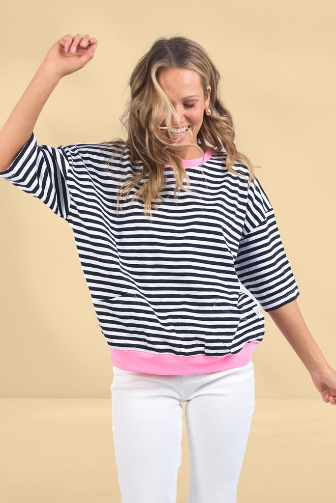 Elm Maizie Stripe Ringer Sweat Navy White Neon Pink From BoxHill