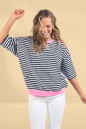 Elm Maizie Stripe Ringer Sweat Navy White Neon Pink From BoxHill