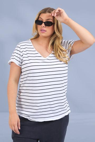 Elm Pima Vee Tee White Navy Stripe From BoxHill