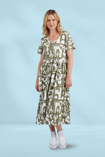 Elm Postcard Tee Dress Khaki Cream Print From BoxHill