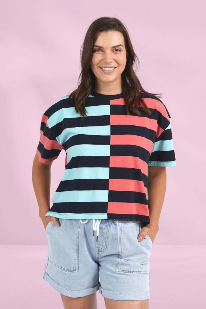 Elm Shelter Splice Tee Watermelon Crush Tonic Blue Stripe From BoxHill