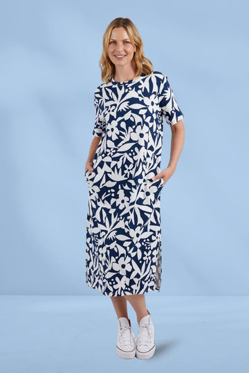 Elm Stencil Floral Tee Dress Naval Blue From BoxHill