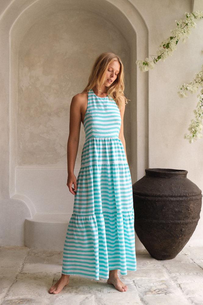 Florencia The Label Rico Halter Maxi Dress Aqua Stripe From BoxHill