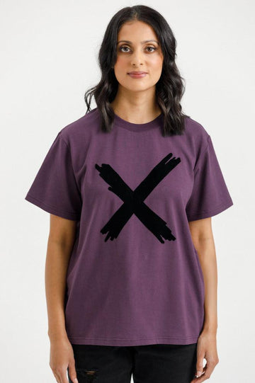 Homelee Chris Tee Plum with Black Flocked X From BoxHill