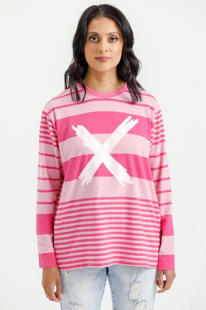 Homelee Long Sleeve Chris Tee Irregular Pink Stripe with Pastel Pink X From BoxHill