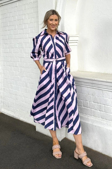 PRE-ORDER Leoni Bianca Dress Navy Pink Stripe From BoxHill