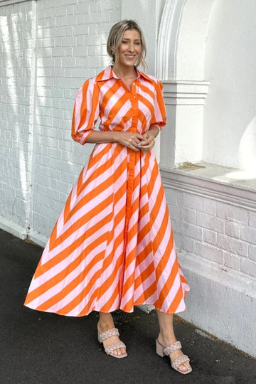 PRE-ORDER Leoni Bianca Dress Orange Pink Stripe From BoxHill