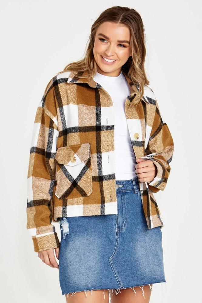 Sass Augusta Cropped Shacket Tan Cream Check From BoxHill