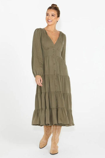 Sass Charity Tiered Midi Dress Khaki From BoxHill