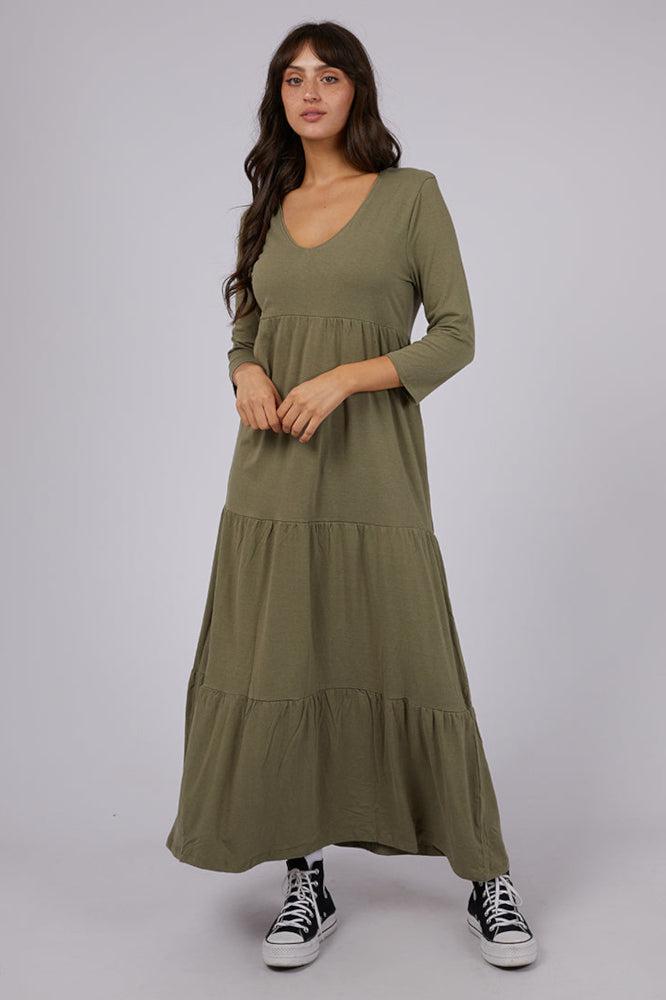 Silent Theory Lola 3/4 Sleeve Tiered Dress Khaki From BoxHill