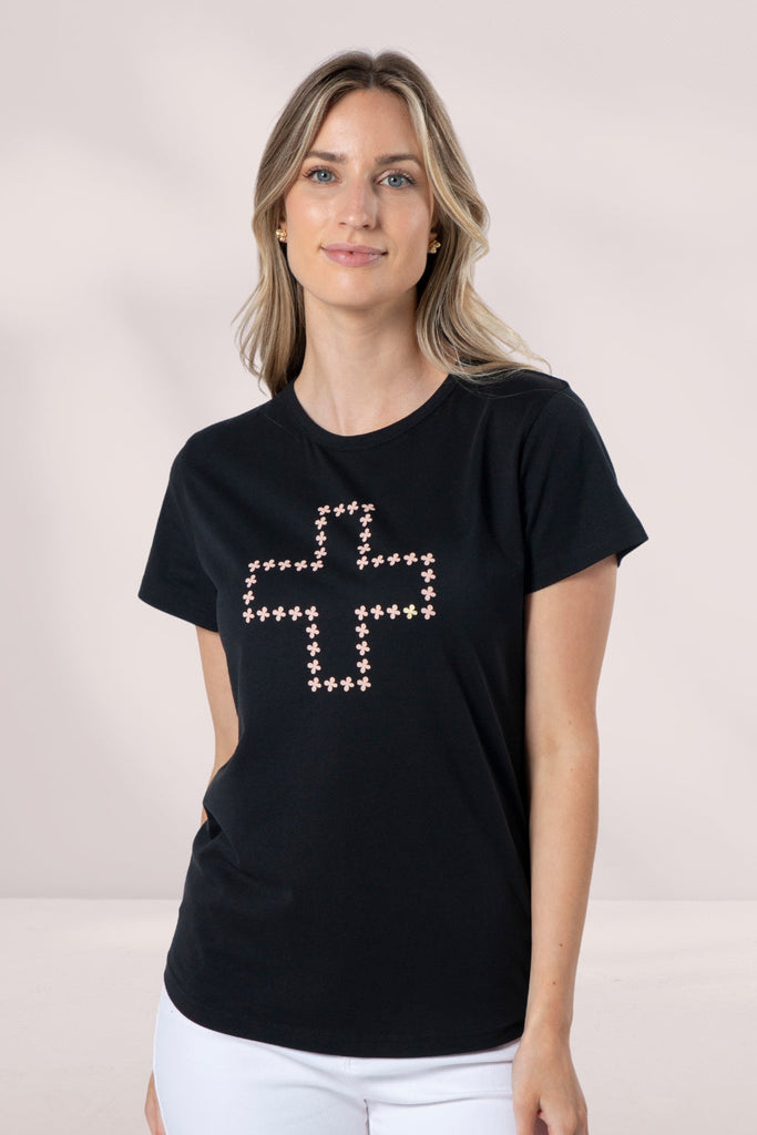 Stella and Gemma Antique Rose Cross T-Shirt Black From BoxHill