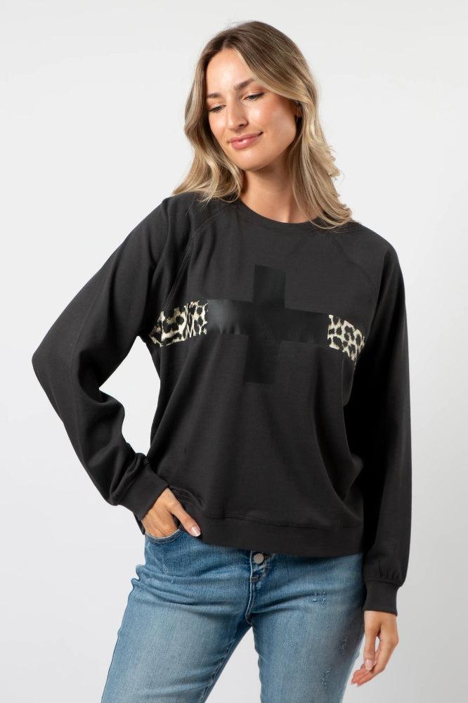 Stella and Gemma Cross Leopard Stripe Everyday Sweater Charcoal From BoxHill