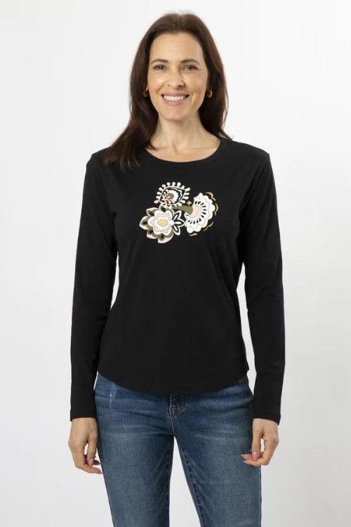 Stella and Gemma Folk Floral Long Sleeve T Shirt Black From BoxHill