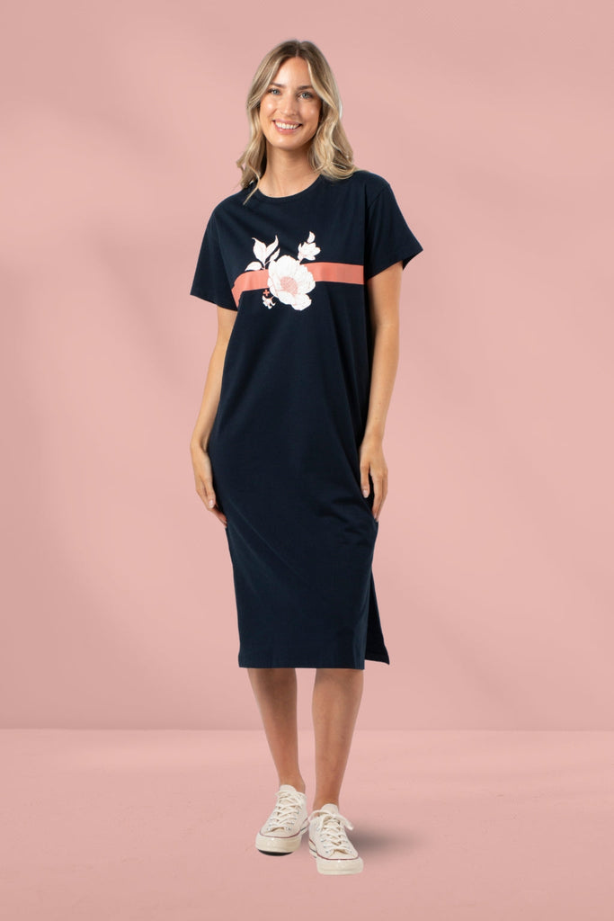 Stella and Gemma Maxie Rose Floral With Stripe T-Shirt Dress Navy From BoxHill