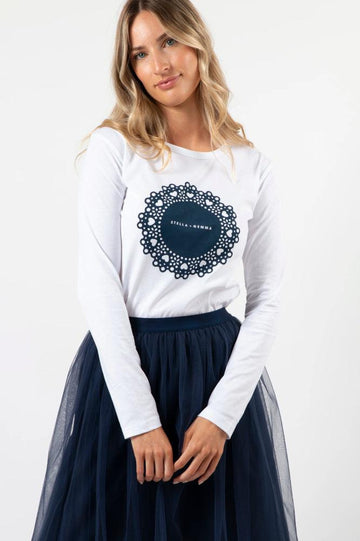 Stella and Gemma Navy Doily Long Sleeve Tee White From BoxHill