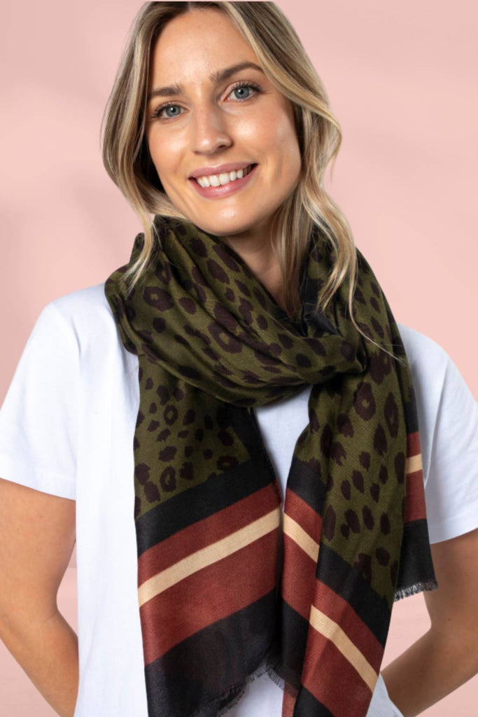 Stella and Gemma Red Brick Stripe Scarf Leopard Khaki From BoxHill