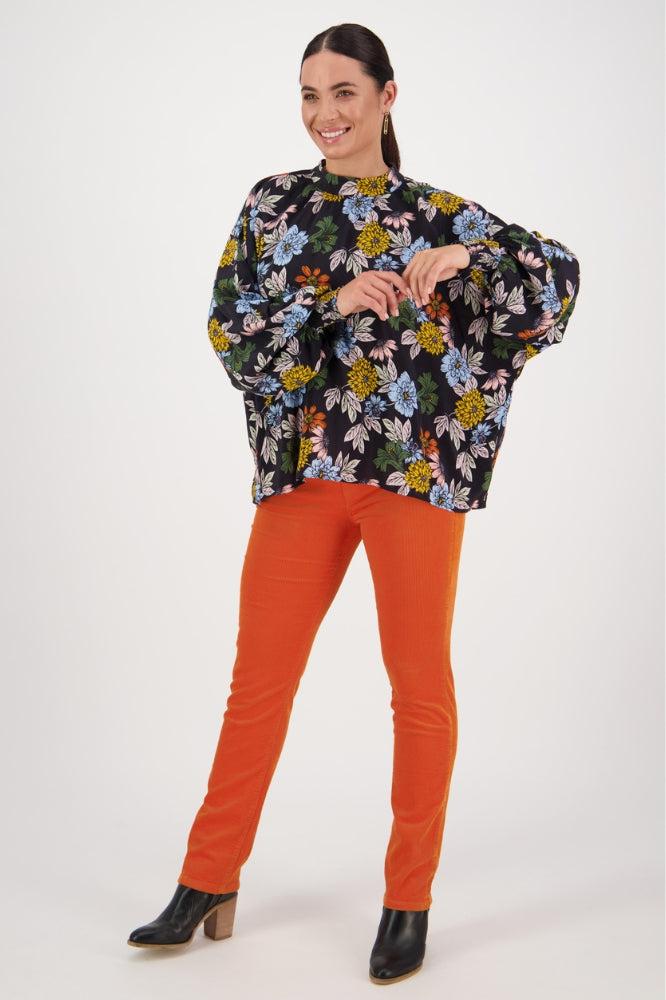 Vassalli Asymmetrical Printed Top with Shirred Cuff Viva La Bloom From BoxHill