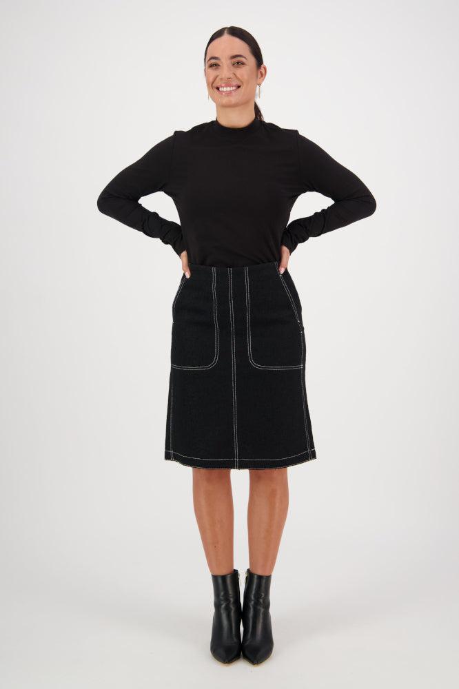 Vassalli Knee Length Skirt with Front Patch Pockets and Contrast Stitch Black From BoxHill