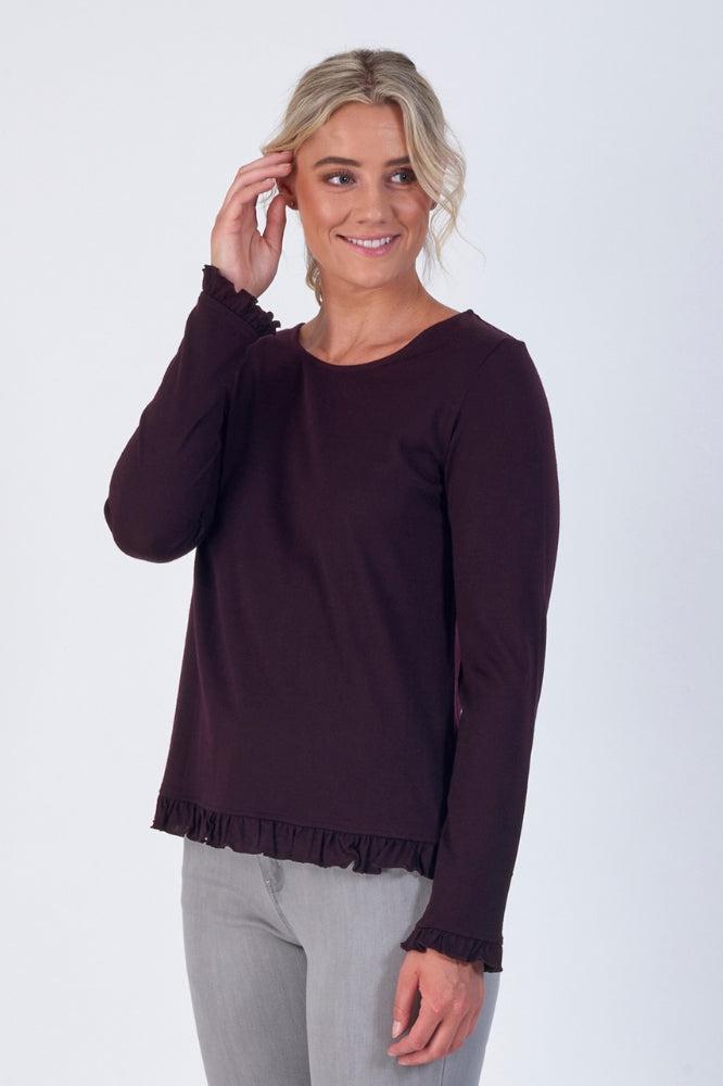 Vassalli Merino Top with Frill Neck Hem and Cuffs Mulberry From BoxHill