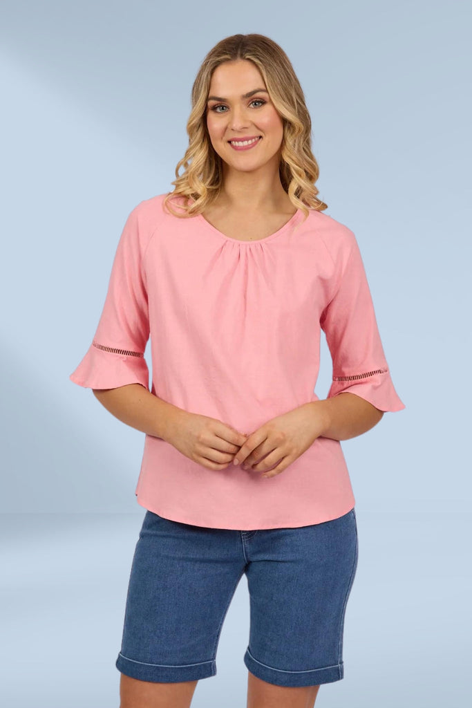 Vassalli Round Neck Top Elbow Length Frill Sleeve Pink From BoxHill