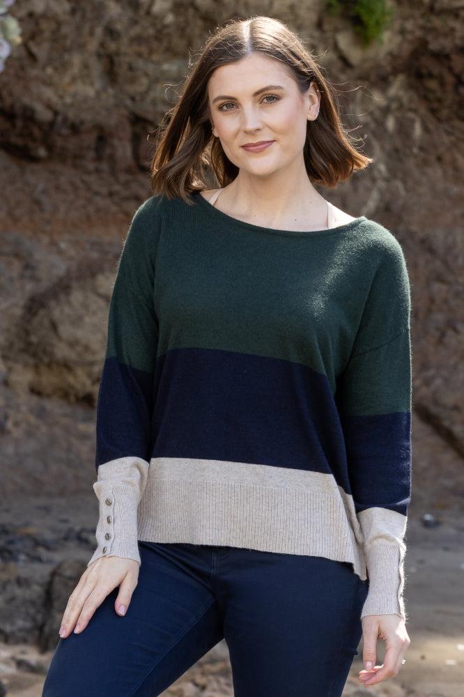 Vassalli Round Neck Tri Stripe Jumper with Dome Cuff Detail Forest Ink Oatmeal From BoxHill