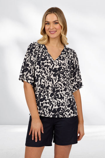 Vassalli Short Sleeve V Neck Top with Shirred Shoulders Coco From BoxHill