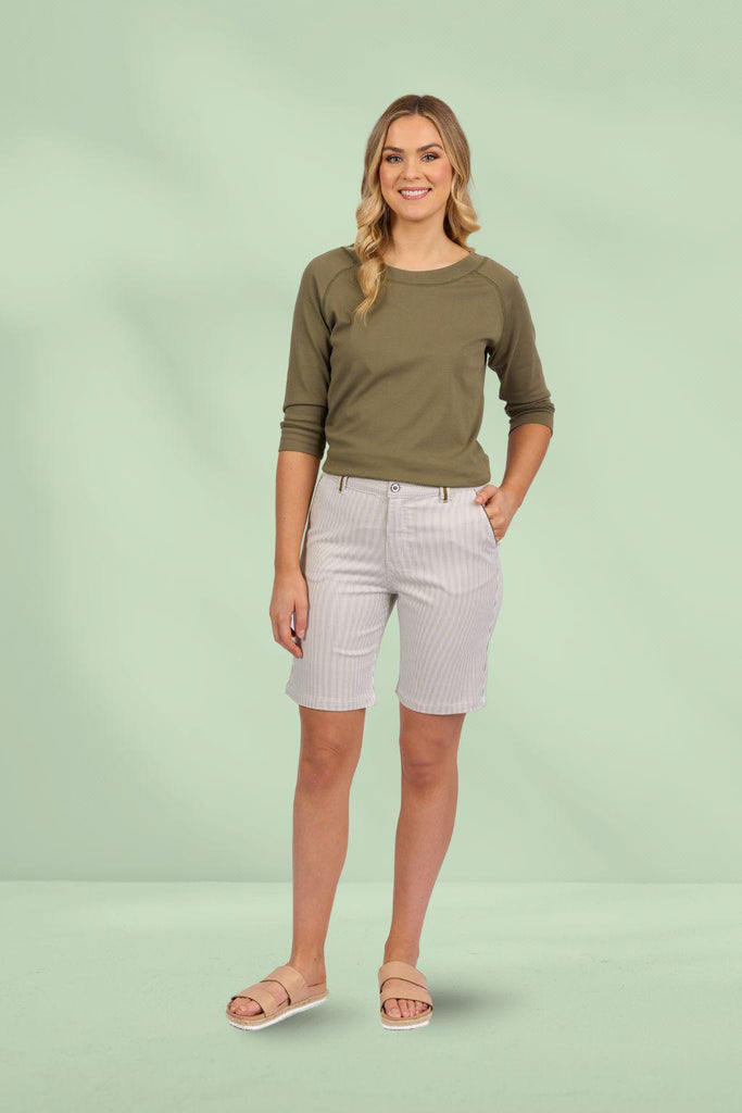 Vassalli Slim Leg Above Knee Shorts with Contrast Trim Khaki Stripe From BoxHill