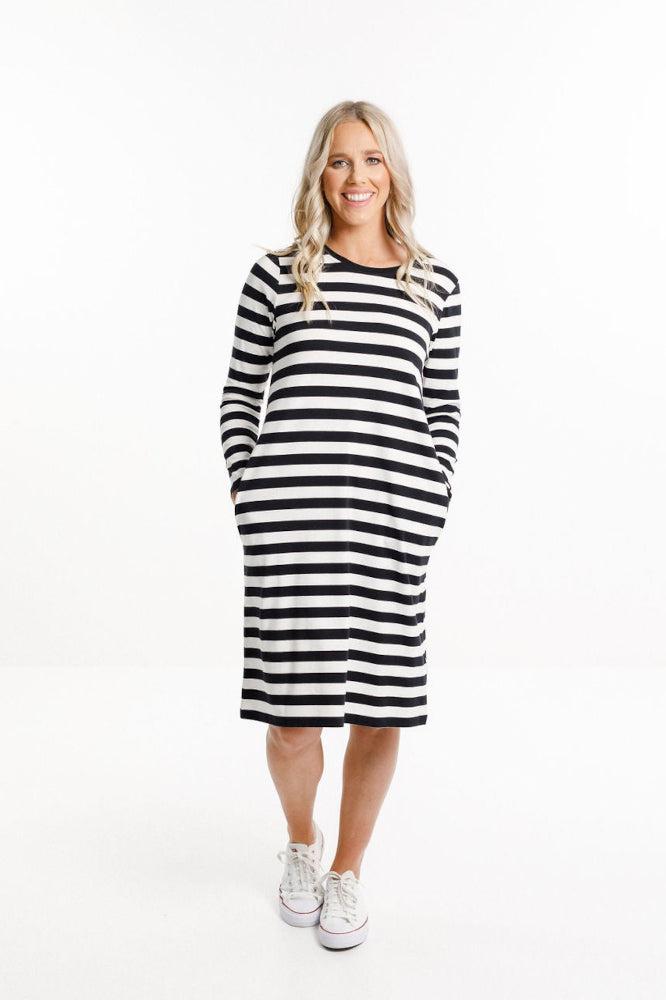 Home-Lee Long Sleeve Taylor Tee Dress Black White Stripes From BoxHill