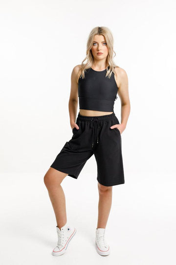 Rose Road Long Sweat Shorts Black with Circular Embroidery From BoxHill