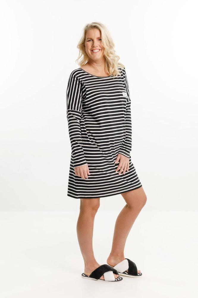 The Goodnight Society Long Sleeve Nighty Black White Stripes From BoxHill